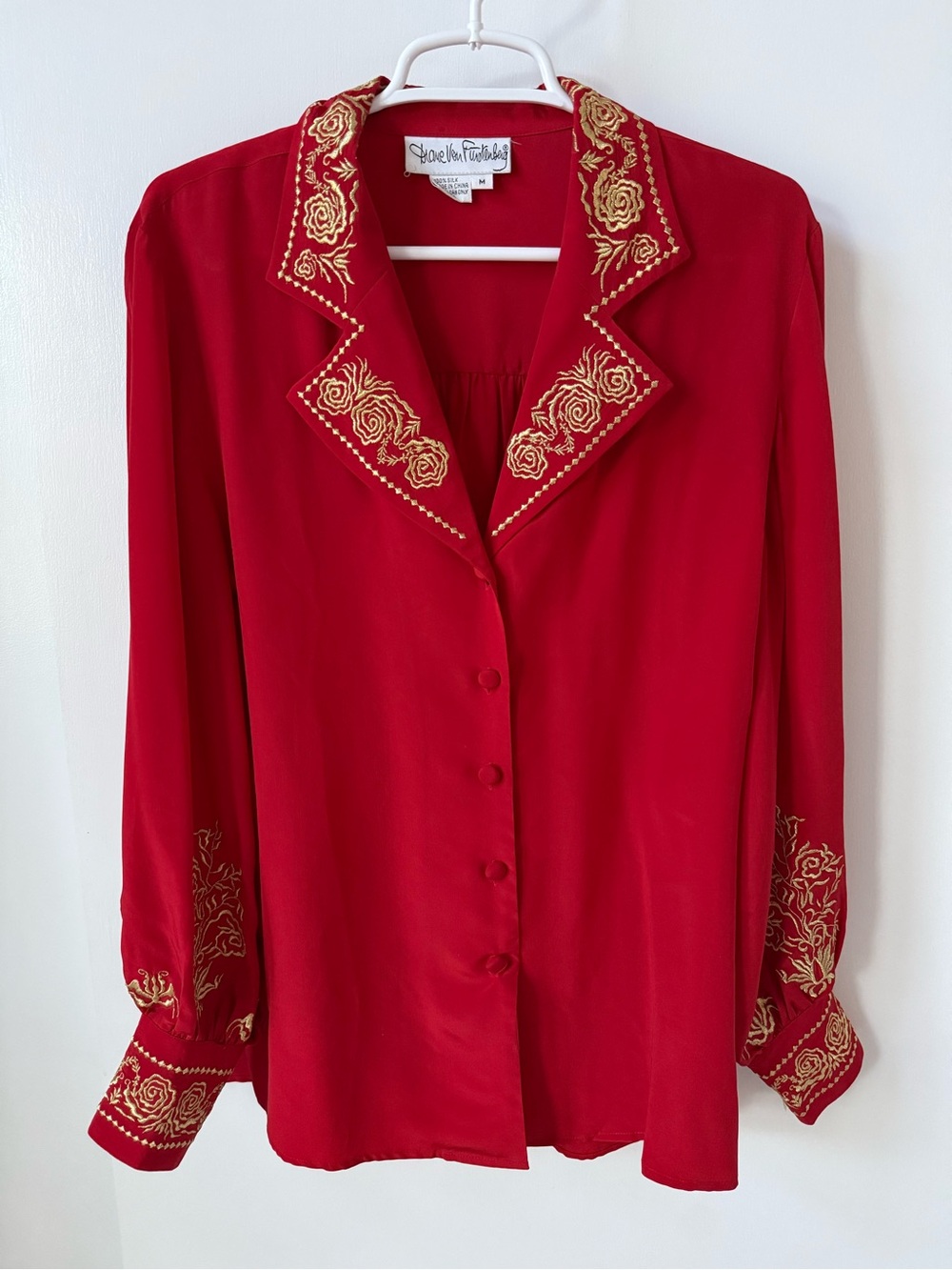 Vintage 100% Silk Diane Von Furstenberg Red Gold Embroidered Button Front Blouse - Picture 4 of 14